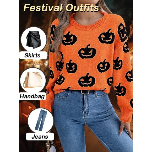 Strentiki Women Orange Pumpkin Halloween Long Sleeve Crew Neck Casual Sweaters - Picture 6 of 7
